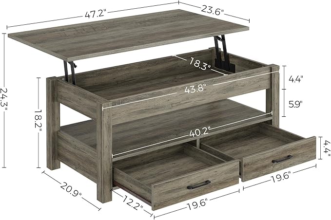 Photo 1 of Rolanstar Coffee Table, 47.2" Lift Top Coffee Table with Drawers and Hidden Compartment, Retro Central Table with Wooden Lift Tabletop, for Living Room, Washed Oak
