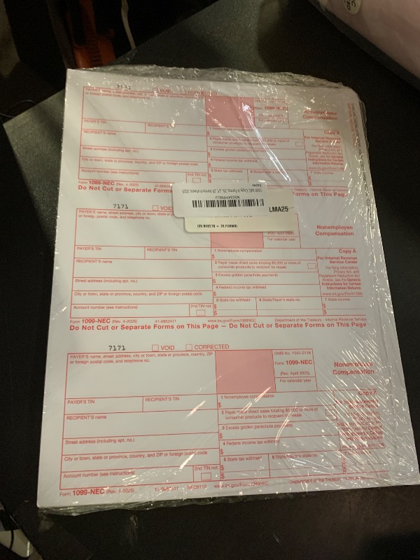 Photo 1 of 1099 NEC Copy A Forms, 25 Federal Income Laser Tax Forms, Use with 2025 1099 NEC Forms, RED Copy A ONLY, 25 forms-9 sheets 2025