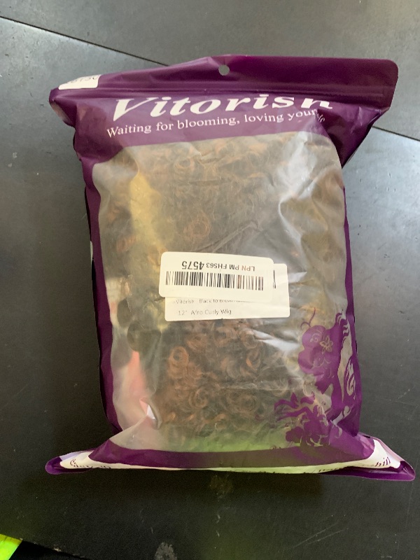 Photo 1 of Vitorish Synthetic Wig 12 Inches Curly Afro Wig With Bangs about 280g/Piece Full Machine Made Afro Kinky Curly Hair Cosplay (Black to Brown)