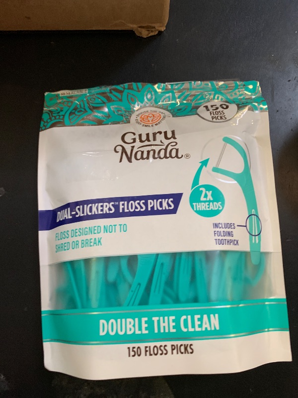 Photo 1 of *OPENED, INCOMPLETE** GuruNanda Dual Slickers Floss Picks - Double Threaded Dyneema Dental Floss with Foldable Toothpick for Effective Plaque Removal - Unflavored- 150 Ct