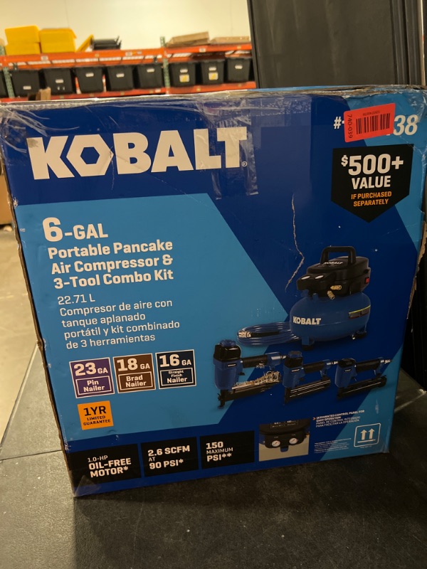 Photo 1 of Kobalt 6-Gallon Portable Electric 150 PSI Pancake Air Compressor with 3-Tool Combo Kit