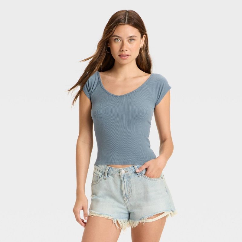 Photo 1 of M Women's Short Sleeve Double V-Neck Ribbed T-Shirt Slate Blue