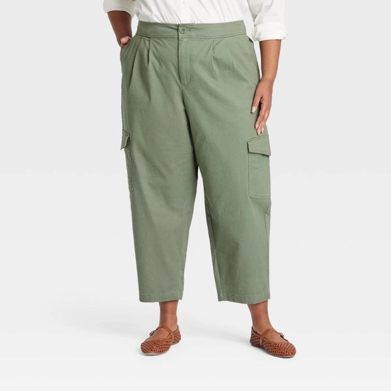 View 1 of 2X Women's High-Rise Casual Cargo Pants Olive: Cotton-Spandex Blend, Wide Leg, Drawstring Waistband, Plus Size