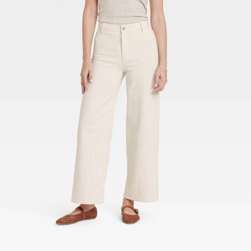 Photo 1 of 14R Women's High-Rise Sailor Wide Leg Ankle Jeans Cream Striped : Cotton Denim, Relaxed Fit