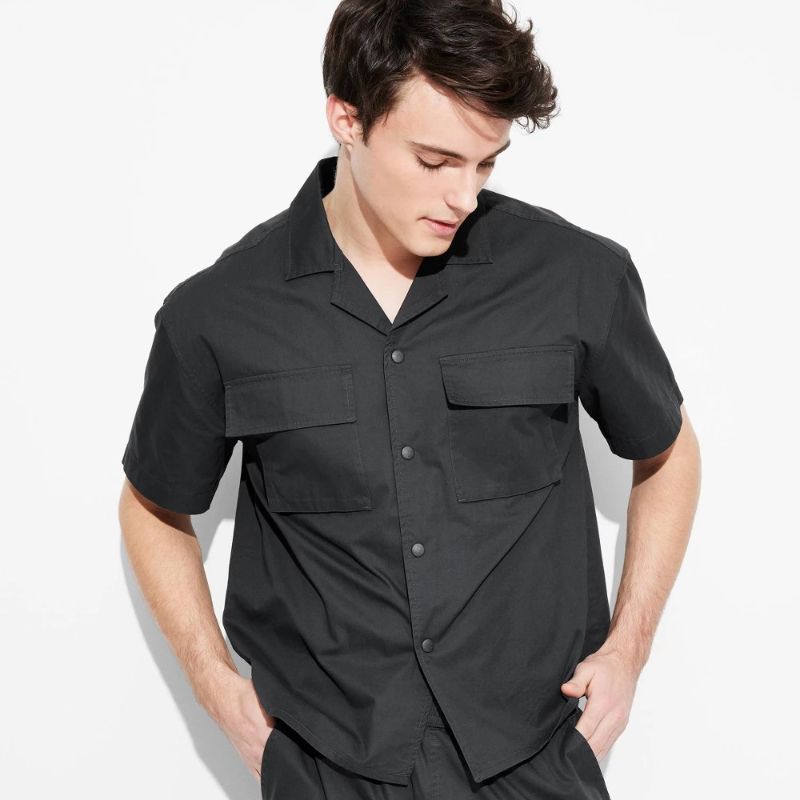 View 1 of L Men's Short Sleeve Utility Shirt  Black  Cotton Blend, Midweight, Button Down Collar