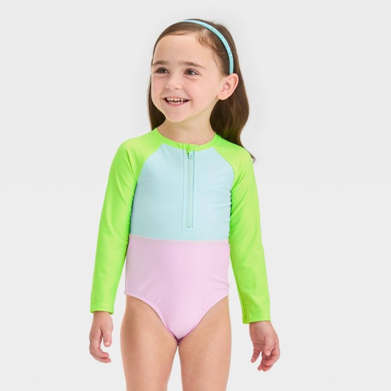 Photo 1 of 2T Toddler Girls' Long Sleeve Colorblock One Piece Swimsuit Green