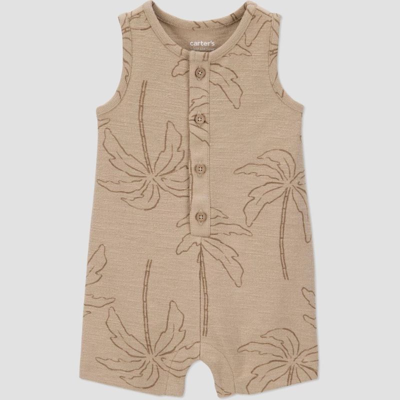 Photo 1 of (12M) Carter's Just One You® Baby Boys' Solid Textured Palm Romper - Brown 12M: Sleeveless Henley, Botanical Pattern