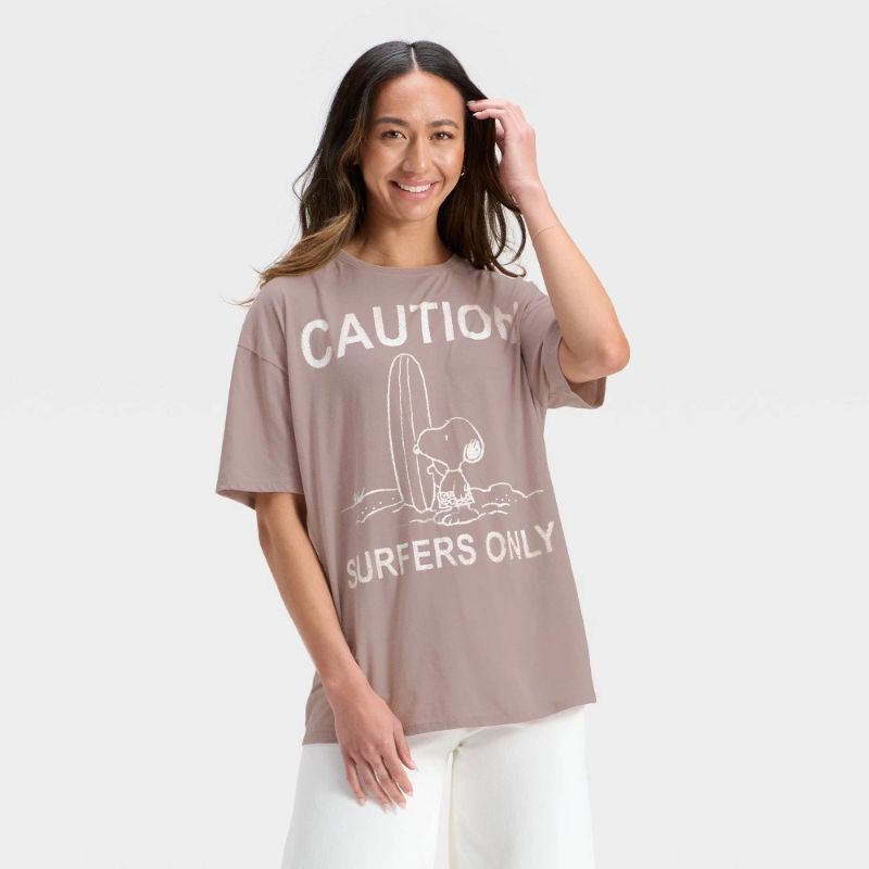 View 1 of L Women's Snoopy Surfer Oversized Short Sleeve Graphic T-Shirt Taupe