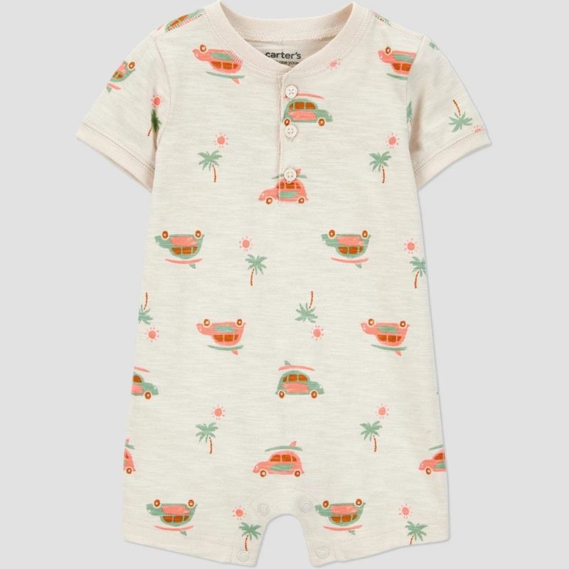 Photo 1 of 12M Carter's Baby Boys' Van Romper - Khaki : Cotton, Front Button, Crotch Snap