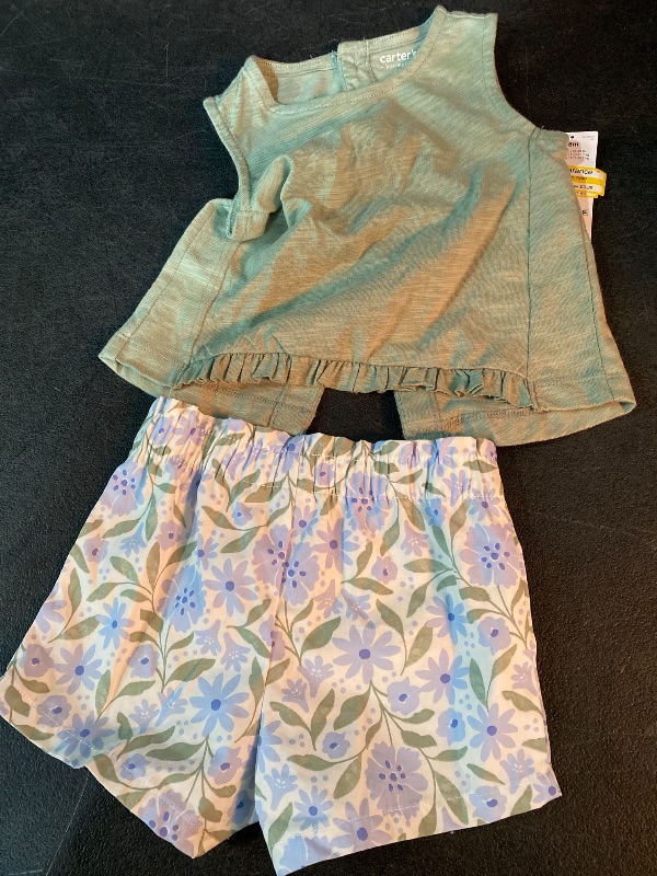 Photo 1 of 18M Carter's Baby Girls' Floral Top & Bottom Set - Green/Blue: Cotton Sleeveless Tunic & Shorts