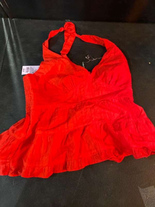 View 2 of L Women's Tiered Halter Babydoll Top Cherry Red