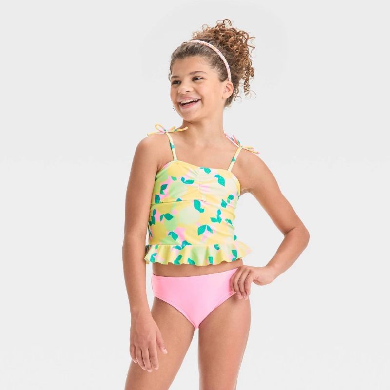 Photo 1 of (check) Girls' Lemon Printed Tankini Set S: UPF 50+ Swimwear, Recycled Polyester, Pull-on Style, Machine Washable