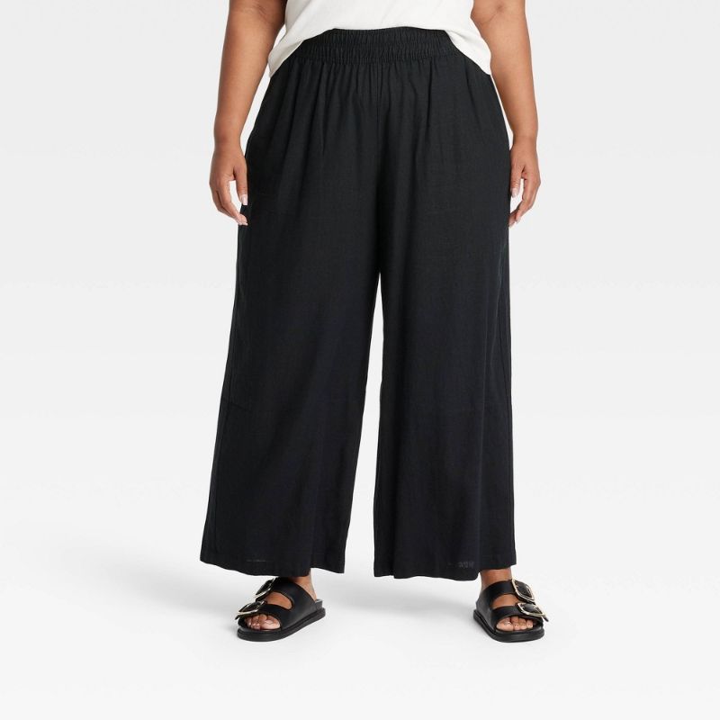 Photo 1 of 2X: Women's High-Rise Wide Leg Linen Pull-on Pants Black  Lightweight, Elastic Waist, Side Pockets