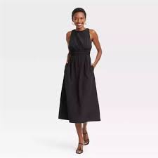 Photo 1 of 2X Women's Poplin Cross Back Midi Dress Black