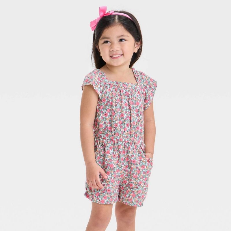 Photo 1 of 2T Toddler Girls' Floral Romper: Lightweight Poplin, Elastic Straps, Crotch Snap