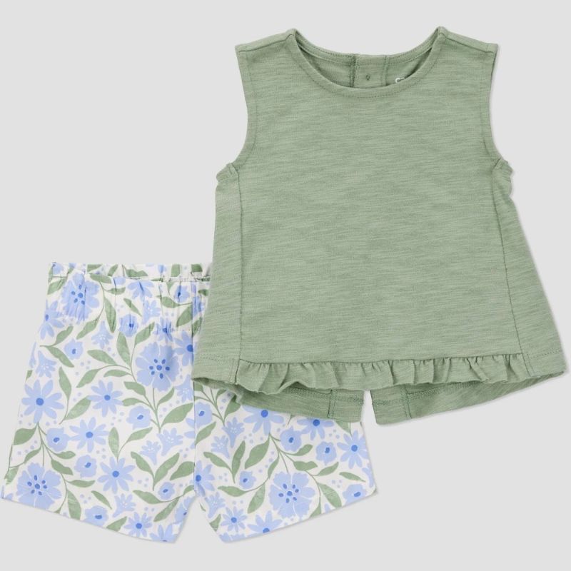 Photo 1 of 18M Carter's  Baby Girls' Floral Top & Bottom Set - Green/Blue: Cotton Sleeveless Tunic & Shorts