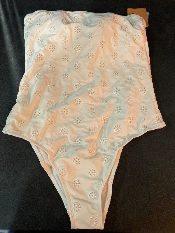 View 2 of L Women's Eyelet Bandeau High Leg Cheeky One Piece Swimsuit Cream: Open Back, Adjustable Strap, Floral Pattern