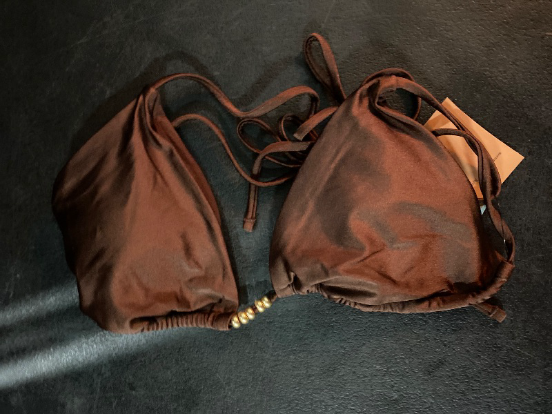 Photo 1 of L Women's High Shine Triangle Bikini Top Brown Nylon Spandex, Removable Cups, Tie Closure