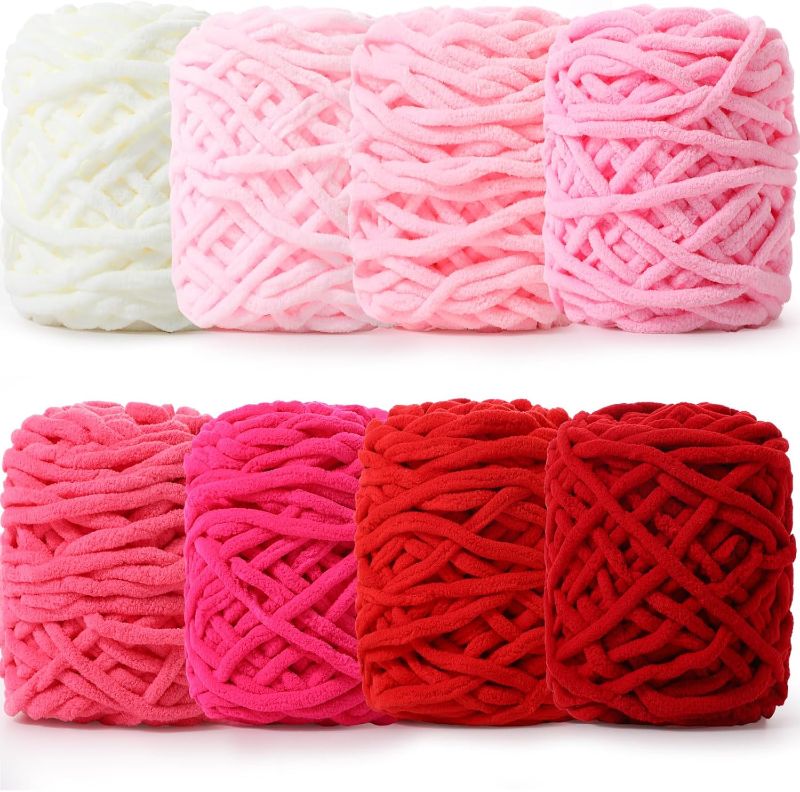 Photo 1 of Buryeah 8 Pack Chunky Chenille Yarn for Crocheting Soft Thick Fluffy Yarn for Hand Knitting Bulky Velvet Blanket Plush for Weaving DIY Crafts Each 3.5 oz 55 Yards (Pink Series)
