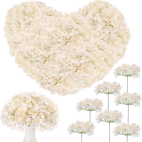 Photo 1 of Zeyune 200 Pcs Hydrangea Artificial Flowers, Silk Flower Heads with Stems, Fake Hydrangea Bouquet for Wedding Arch Centerpiece DIY Floral Home Decoration (White)