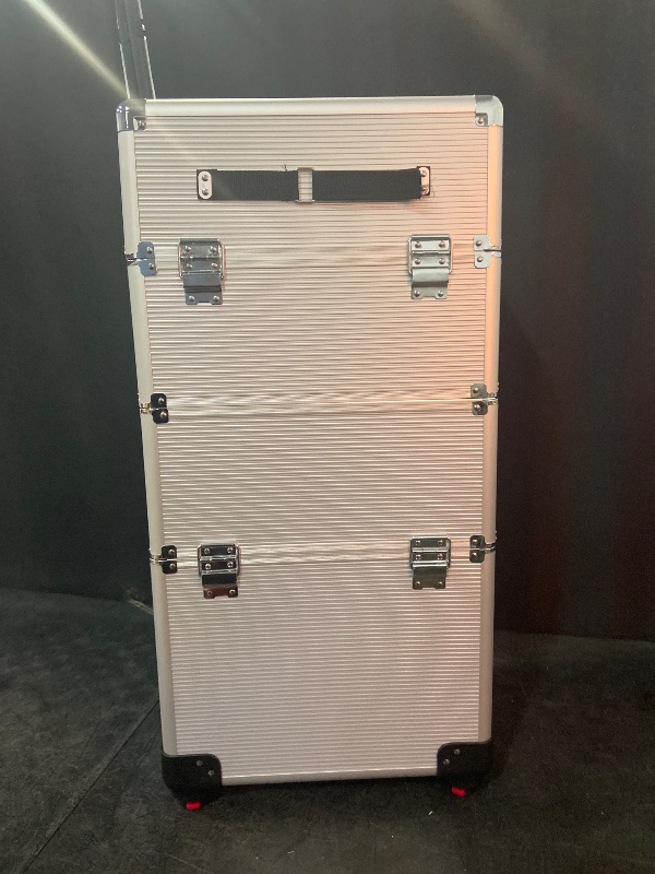 Photo 1 of Karl home 3 in 1 Makeup Train Case Rolling Cosmetic Trolley Large Capacity Travel Organizer with Key 360°Swivel Wheels Suitcase for Beauticians, Hairstylists, Nail Tech Students, Silver