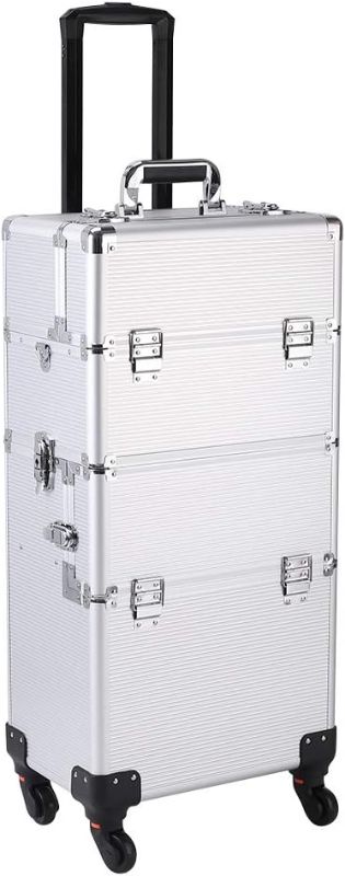Photo 1 of Karl home 3 in 1 Makeup Train Case Rolling Cosmetic Trolley Large Capacity Travel Organizer with Key 360°Swivel Wheels Suitcase for Beauticians, Hairstylists, Nail Tech Students, Silver