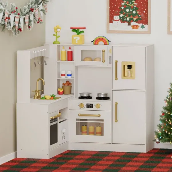 Photo 1 of L-Shaped Corner Play Kitchen for 2-3 Kids, Wooden Pretend Set with Larger Play Area, Realistic Lights & Sounds, Ample Storage & Utensils, with Realistic Stove Sounds, Microwave, Sink & Storage(white)