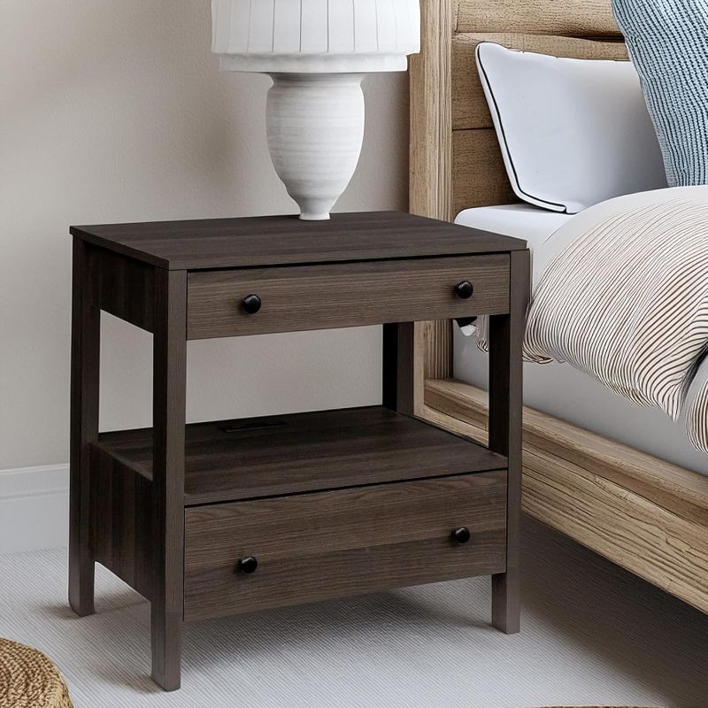 Photo 1 of MINCETA Nightstand with Charging Station, Wood Storage End Table with 2 Drawers & Open Shelf, Modern Bedside Table with USB Ports and AC Outlets for Bedroom, Living Room, Espresso
