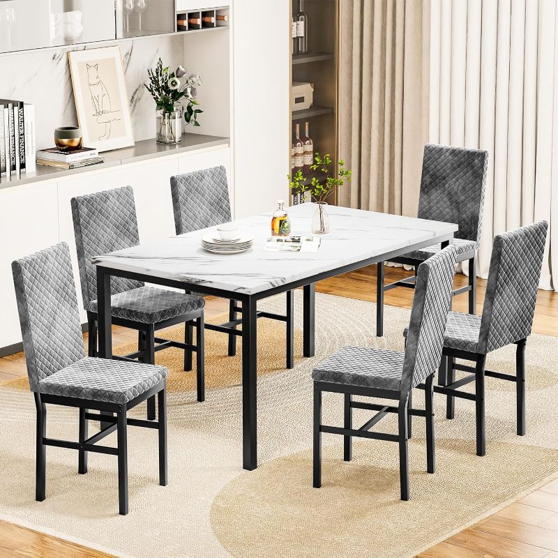 Photo 1 of Hooseng Dining Table Set for 6, Faux Marble Dining Room Table Set with 6 Upholstered Chairs, 7 Piece Kitchen Table Chairs Set for Small Space, Apartment