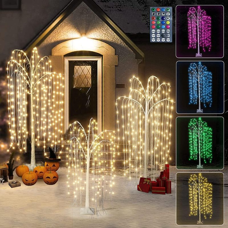 Photo 1 of 3pcs Lighted Willow Tree Decorations,4FT+5FT+6FT Colorful Birch Tree RGB LED Trees with Remote,Weeping Willow Tree Indoor/Outdoor Lighted Christmas Tree Decorations for Yard