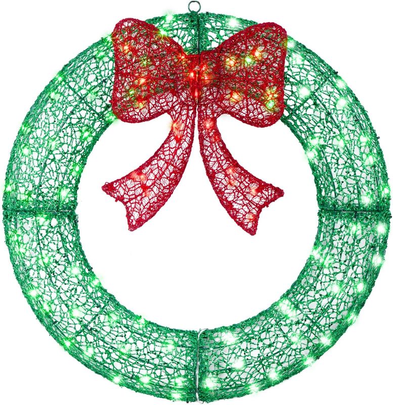 Photo 1 of 24" Pre- Outdoor Christmas Wreath with 140 LED Lights and Bow, Lighted Metal Christmas Wreath Decoration with Timer Function for Xmas Home Wall Front Door Window Garage (Green Red)