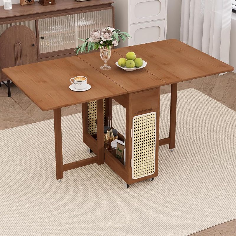 Photo 1 of Folding Dining Table for Small Spaces, Drop Leaf Kitchen Table for 4, Fold Up Become Very Narrow, Space Saving, Drawers, Adjustable Table Legs, No Assembly, Bamboo, Mesa Plegable Para Comer