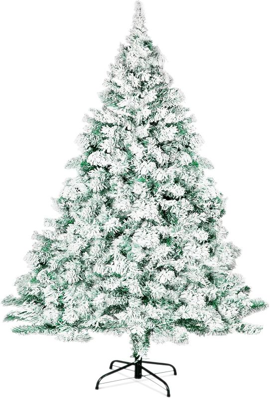 Photo 1 of 6ft Snow Flocked Christmas Tree Premium Hinged Artificial Pine Tree,Xmas Tree Metal Stand and 800 Lush Branch Tips Holiday Decorate, Easy to Assemble, White