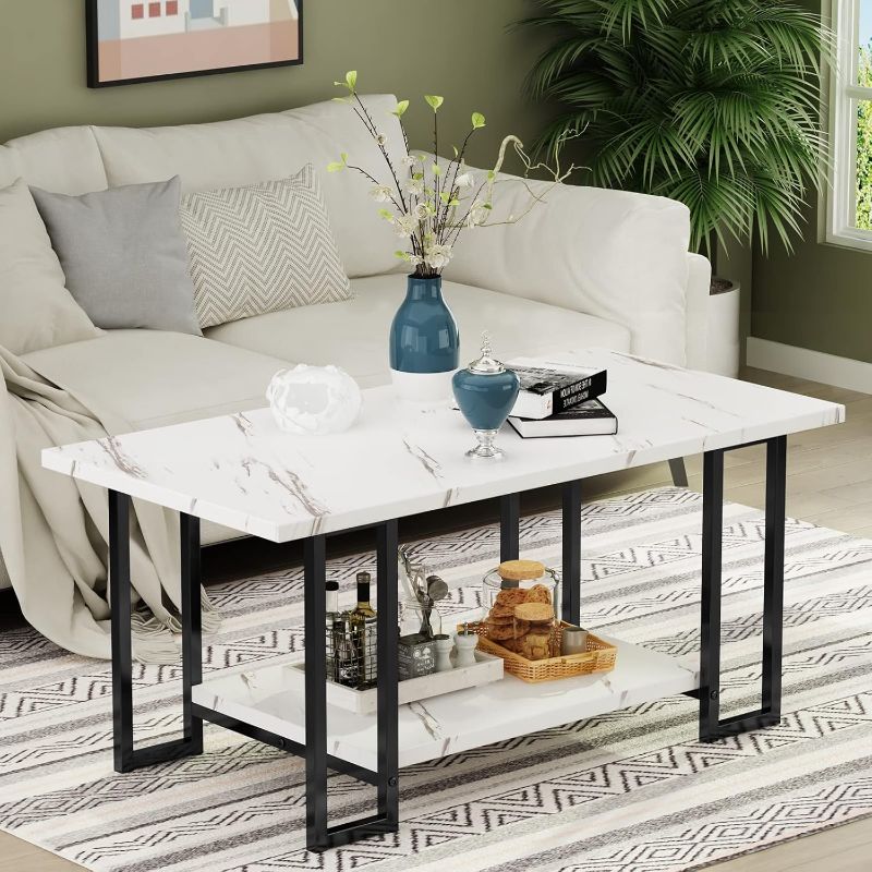 Photo 1 of Marble Coffee Table, Faux Marble Top Rectangular Coffee Table with Black Metal Frame, 2 Tier Living Room Table for Living Room, Office, Balcony, White, 40 Inch