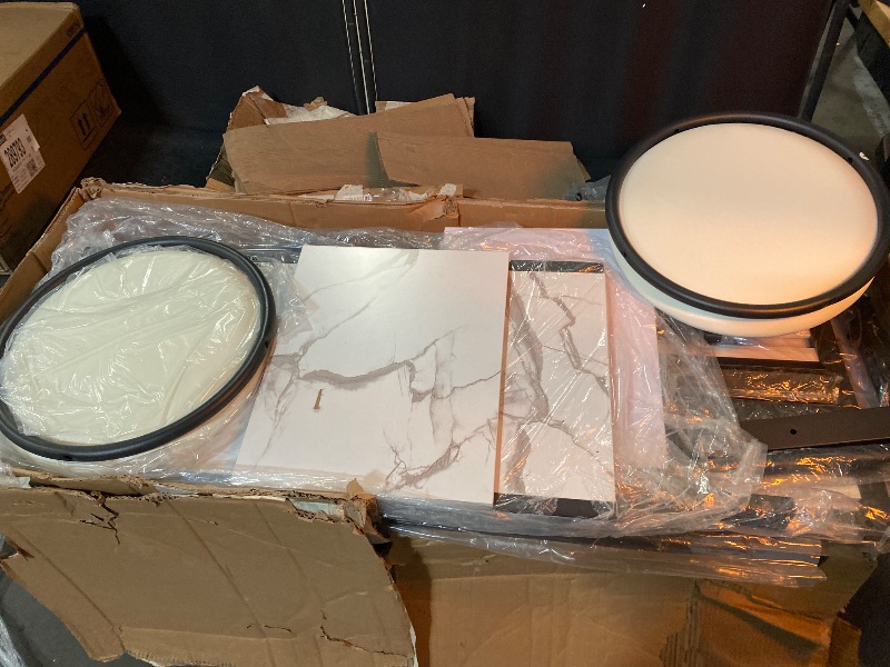 Photo 1 of Faux Marble Dining Table, 70.9" Large Island Table with LED Lights for 4-6 People, Modern Marble Stripes Kitchen Dining Table with Grille Design for Kitchen, Dining Room, Living Room, White