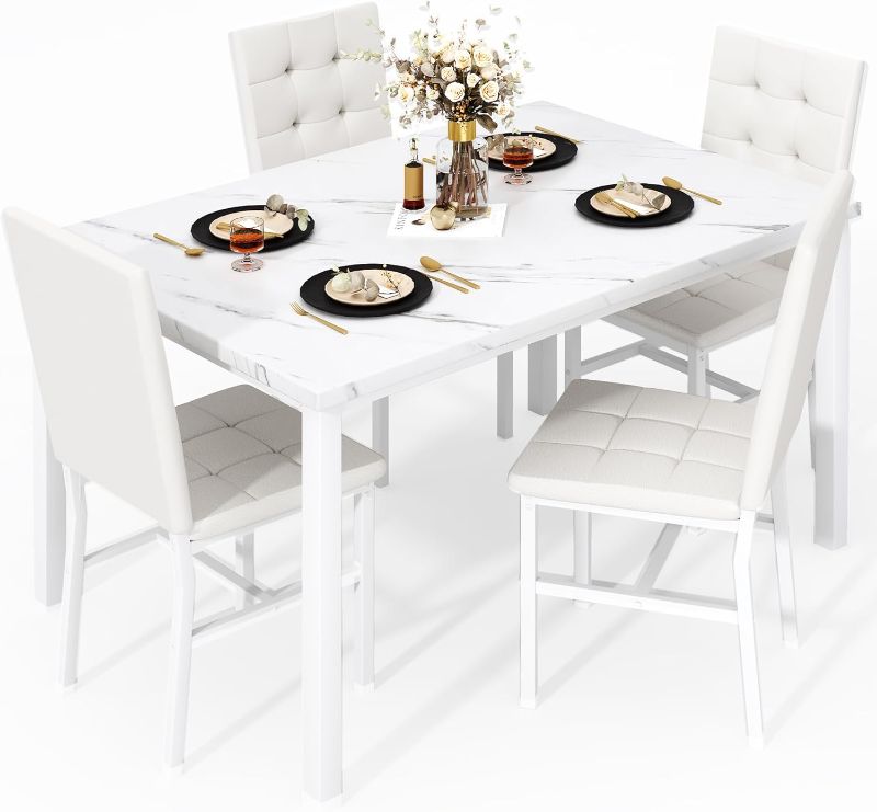 Photo 1 of Dining Table Set for 4,Faux Marble Kitchen Table and Chairs Set of 4, Modern Dining Room Table Set for 4,Dinner Table with 4 Leather Chairs, Dinette Set for Small Spaces,White