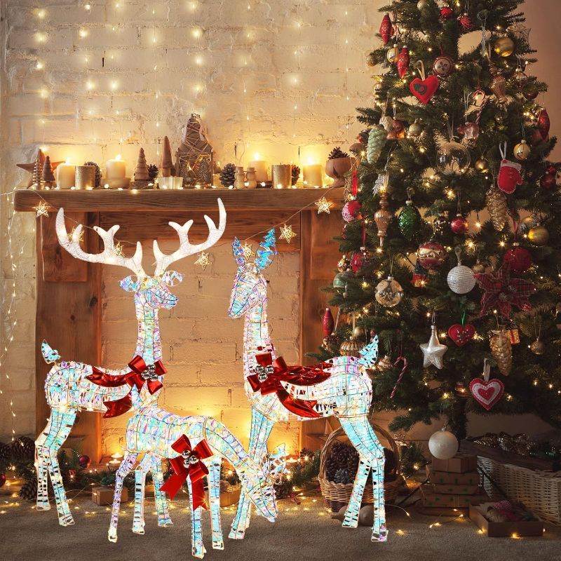 Photo 1 of 3-Piece Christmas Lighted Reindeer Family 3D Christmas Decorations Outdoor Yard Large Holiday Iridescent LED Light up Deer Set for Yard Lawn Indoor Outdoor Party Decor