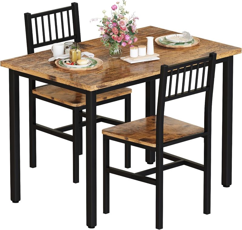 Photo 1 of 3 Piece Dining Table Set for 2, Small Kitchen Table Set for 2 with Chairs,Wood Breakfast Nook Table and Chairs Set of 2,Dinette Set for Small Space,Dining Room,Apartment, Brown