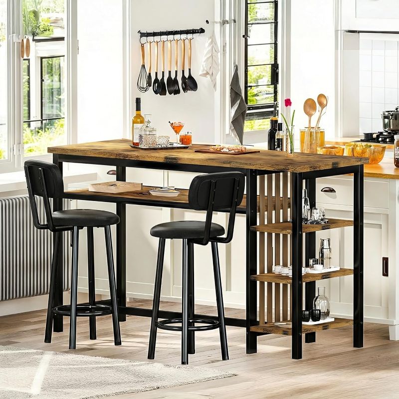Photo 1 of Bar Table and Chairs Set for 2, 3-Piece Counter Height Dining Table with Stools, Hightop Kitchen Island Table with Storage Shelves for Kitchen, Bar, Pub, Bistro
