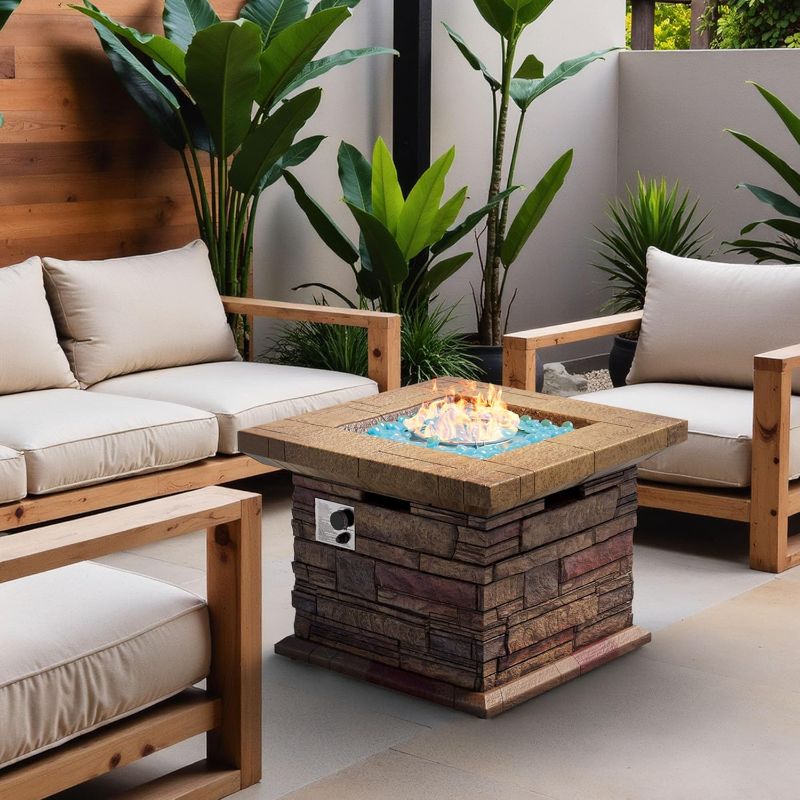 Photo 1 of 34" Outdoor Propane Fire Pit, Square Stonecrest Gas Firepit for Outside Patio, Concrete Propane Fire Table 50,000 BTU Gas Fire Pits with Lava Rocks, CSA Certified, Blue Fire Glass