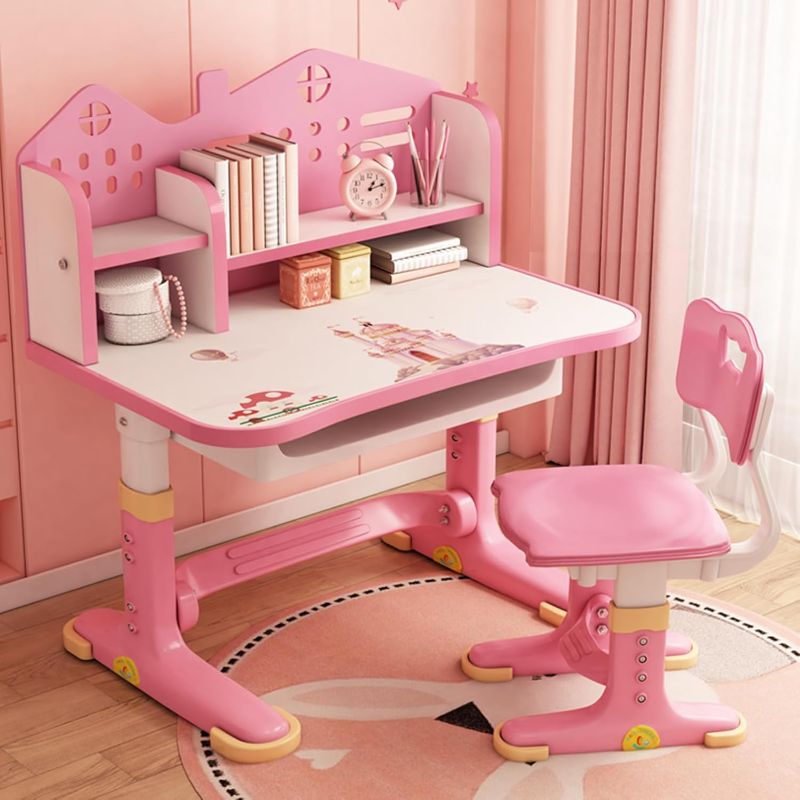Photo 1 of Kids Adjustable Study Desk & Chair Set w/Storage, Drawers, Bookshelf, Child Toddler Writing Homework Table, Little Girl Work Computer Desk, Princess Preschool Desk, Escritorio Mesas para Niña