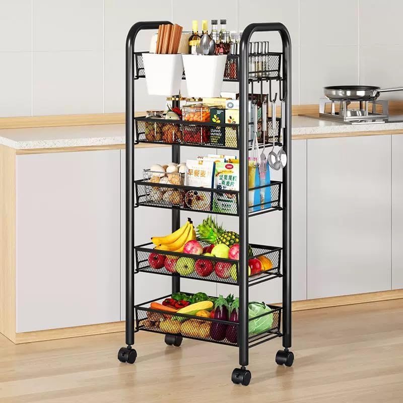 Photo 1 of Mesh Wire Rolling Cart, 5 Tier Kitchen Storage Organizer Utility Cart, Storage Art Trolley Carts with Wheels, 6 Side Hooks & 2 Hanging Boxes, Veg Rack with Detachable Vegetable Baskets Black 5-Layers