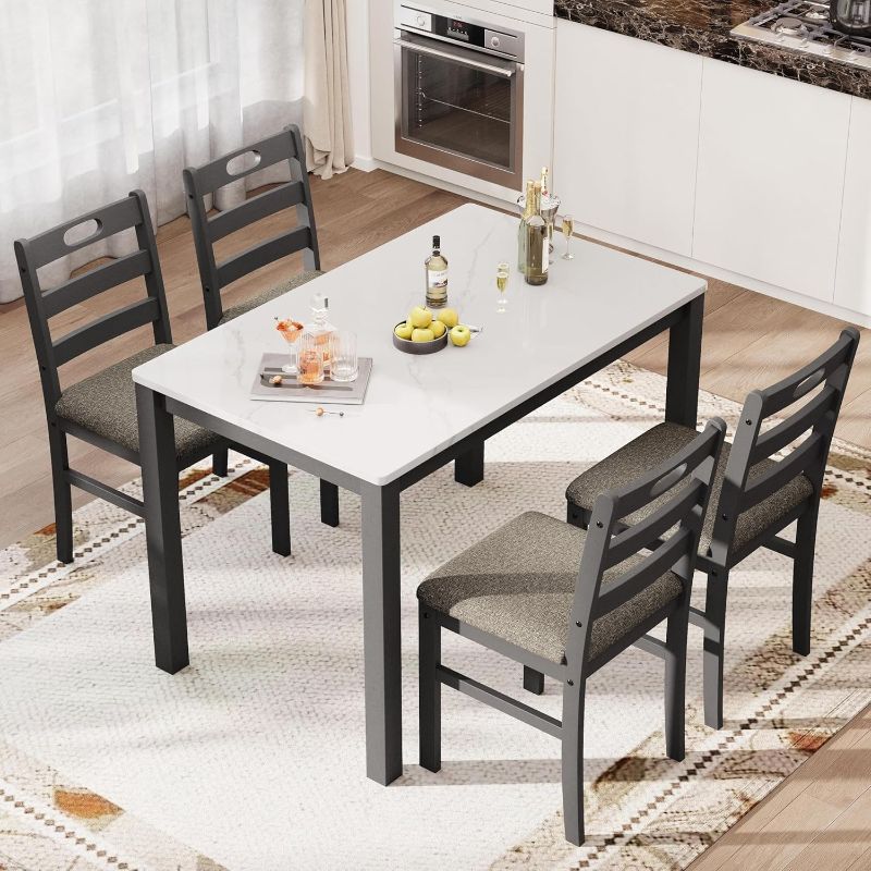 Photo 1 of Solid Wood Dining Table Set for 4, Marble Design Kitchen Table Chairs Set of 4, 5 Piece Space-Saving Dining Room Table Set for Apartment, Venatino White Marble& Black