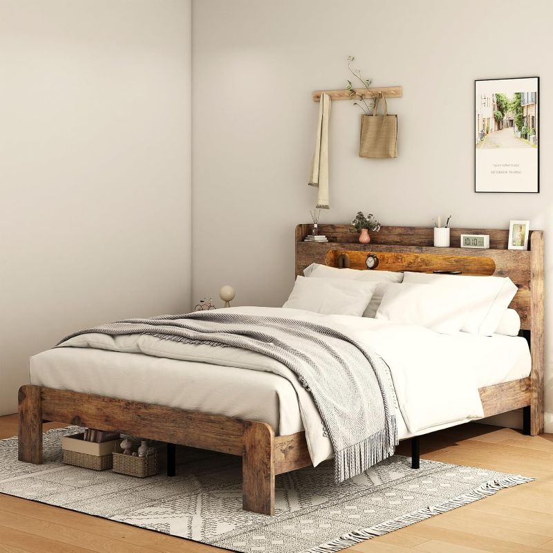 Photo 1 of ivoros Wooden Full Size Bed Frame with Storage Headboard, Rustic Farmhouse Platform Bed Frame Full with Charging Station & LED Lights, 12 Wood Slats Support, No Box Spring Needed,Dark Brown