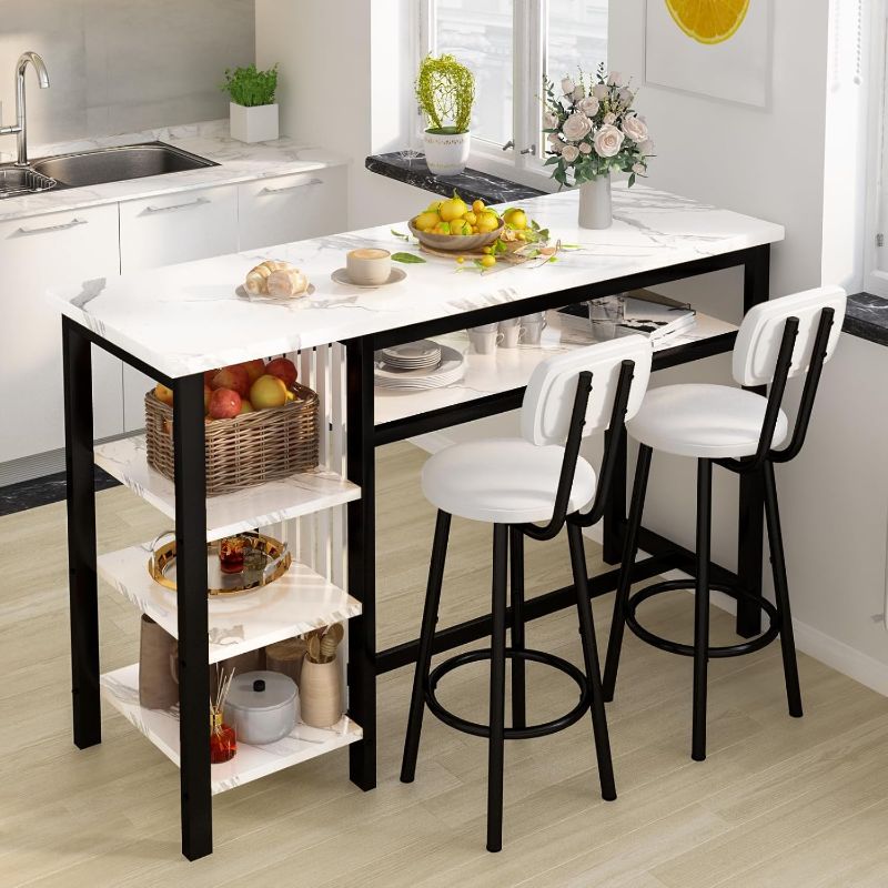 Photo 1 of 3-Piece Bar Table and Chairs Set, Modern White Faux Marble Table with 2 PU Cushion Bar Stools, Kitchen Counter with 3 Tier Storage Shelves, Space Saving Table for Home & Kitchen, Black Frame