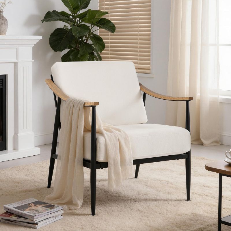 Photo 1 of Modern Accent Chair for Living Room Bedroom Mid Century Arm Chair Upholstered Office Accent Chair Comfy Waiting Room Chair with Metal Frame, Cream White