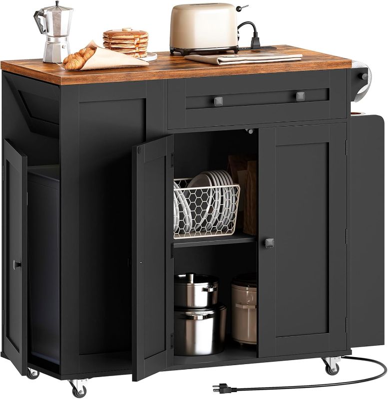 Photo 1 of Kitchen Island with Storage, Mobile Rolling Cart with Trash Can Storage, Kitchen Island on Wheels, Rolling Island Table with Charging Station, Spice Rack, for Kitchen, Rustic Brown
