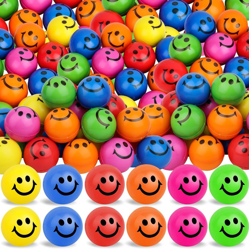 Photo 1 of 96 Pack Smile Face Stress Balls Bulk 2 Inch Funny Face Stress Relief Balls Colorful Mini Squeeze Balls Foam Smile Face Toys for Finger Exercise, School Prizes, Party Bag Fillers