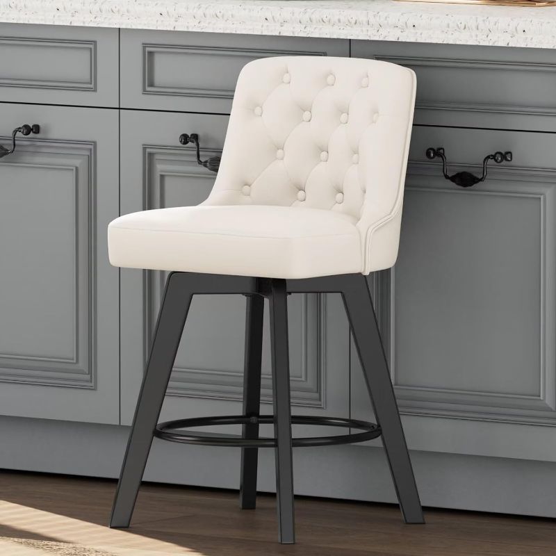Photo 1 of Bar Stool, PU Leather Barstool, 26 Inch Upholstered Counter Stool with Low Tufted Back and Footrest, Swivel Counter Height Barstool for Kitchen Island Home Bar White