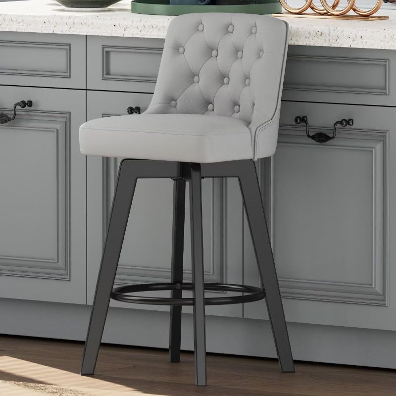 Photo 1 of Bar Stool, PU Leather Barstool, 30 Inch Upholstered Counter Stool with Low Tufted Back and Footrest, Swivel Counter Height Barstool for Kitchen Island Home Bar Light Gray